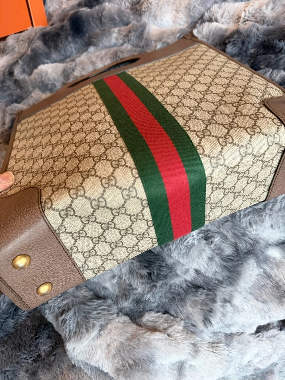 Gucci Brown Monogram tote Bag with Green & Red Web